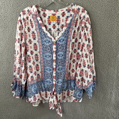 Ruby Rd Woman Blouse Womens 2X Red Blue Boho Paisley Print Button Tie Hem Top