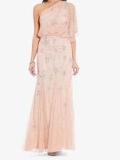 Adrianna Papell Women's One Shoulder Beaded Maxi Formal Dress Blush sz 4