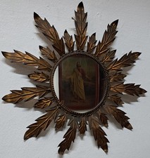 Specchio a forma di sole vintage, ferro dorato, anni '60