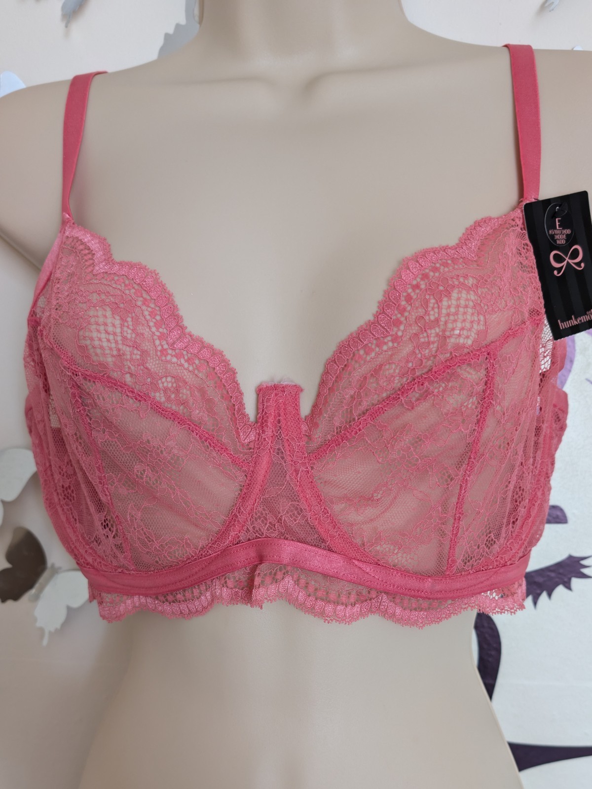HUNKEMOLLER Borgoña Encaje Con Aros Semi Transparente Copa Completa ROSA Sujetador Talla 38DD NUEVO