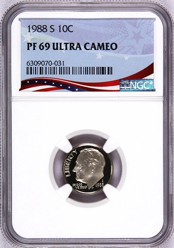 1988-S Proof Roosevelt Dime, Graded PF69UC NGC * OSR Patriotic Exclusive Label