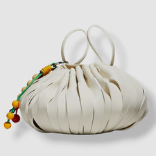$559 Simon Miller Women's White Leather Scrunch Tassel Pleated Hobo Purse Bag