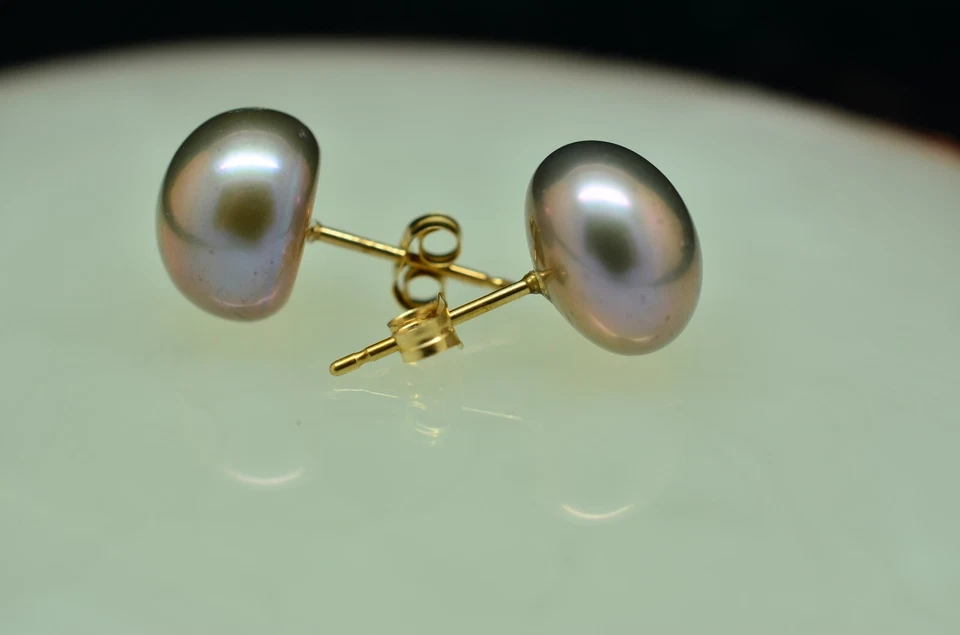 14K Yellow Gold Natural Gray Pearl Stud Earrings 9.2mm - Image 2 of 4