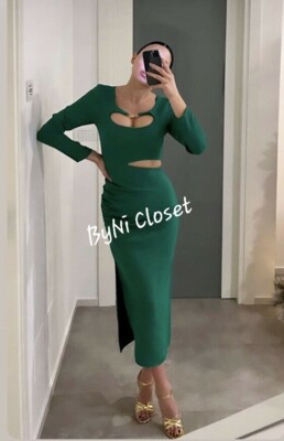 green emerald velvet dress Zara Short Puff Sleeve Round Neck Cut Out A-Line Midi Dress Green Smal   Baystate Boutique & Consignment