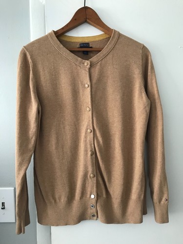 Tommy Hilfiger maglione cardigan donna marrone 100% cotone pima bottoni taglia large