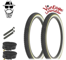 VINTAGE LOWRIDER BICYCLE TIRE 24 x 2.125 BLACK/WHITE YEL LINE DIAMOND 6pc SET.