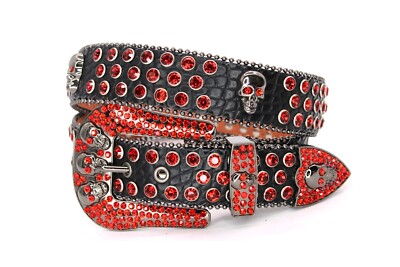 Rhinestone Western Belt Skull Black Silver Red Stone Unisex Men Pants 34