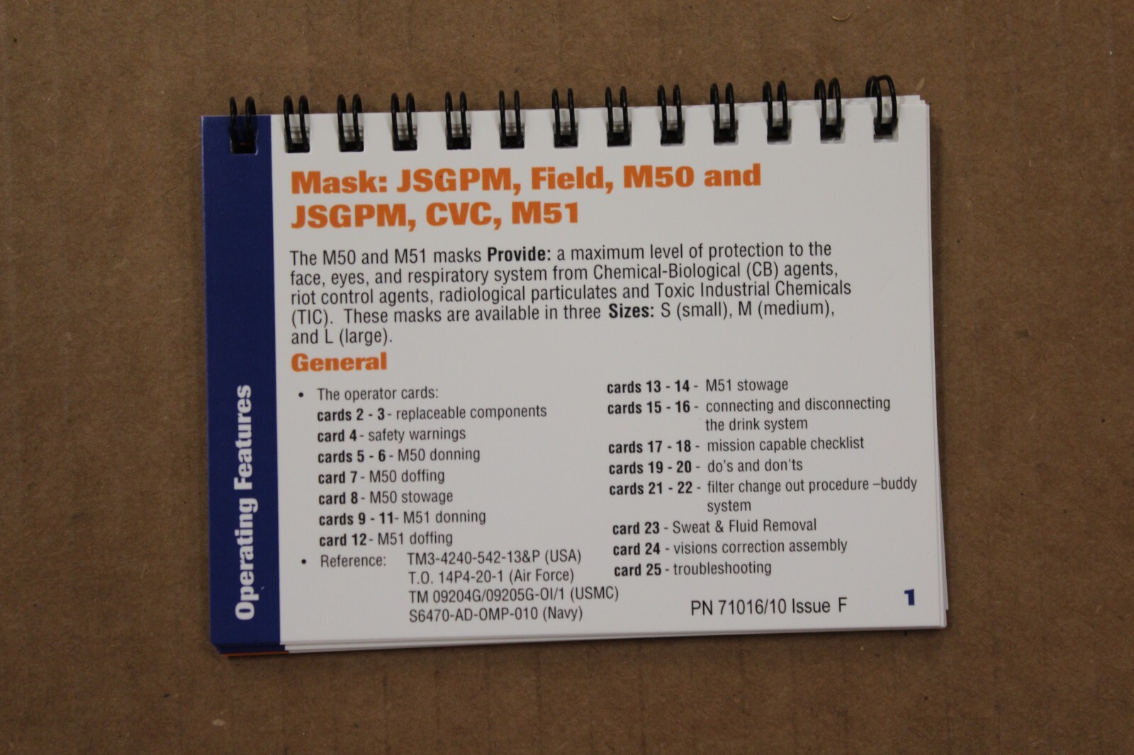 M51 / M50 Gas/Field Mask JSGPM Instructions Laminated Operator Cards