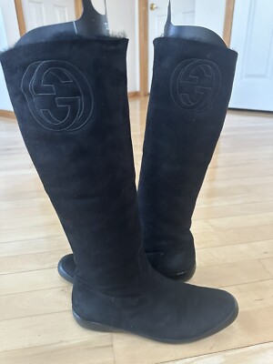 Gucci Monogram  GG Knee High Shearling Boots Black Size 39