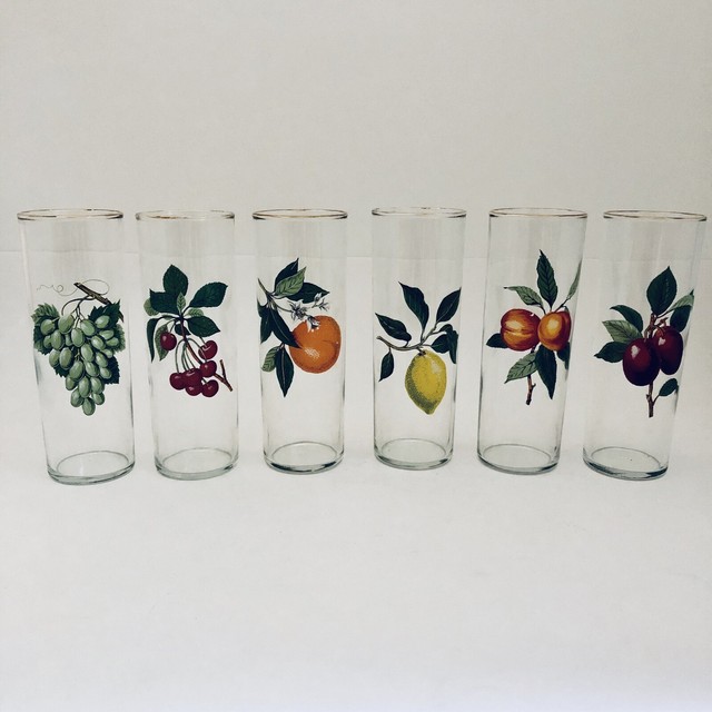 3 Vintage 5 3/4" Drinking Glasses HandPainted Fruit Motif Orange
