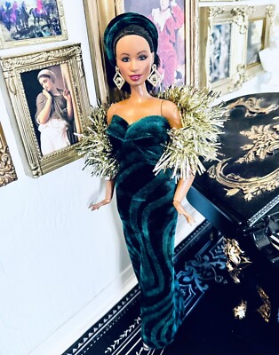 OOAK Curvy Fashion Doll Size Chic Evergreen Gold Christmas Evening Gown Ensemble