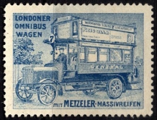 Circa 1910 Germany Poster Stamp London Bus On Metzeler Solid Tires