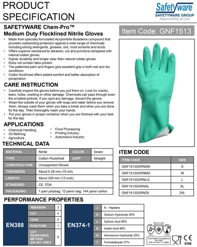 Safetyware Chemical Resistant Flocklined Nitrile Kitchen Dishwashing Work Gloves - Picture 2 of 7