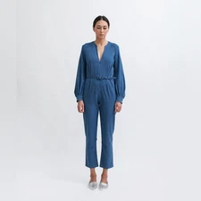 RACHEL COMEY Blue Chambray Long Balloon Sleeve Slit Jumpsuit sz 2