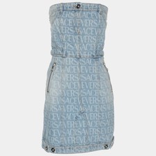 Versace Blue Logo Print Denim Strapless Mini Dress M
