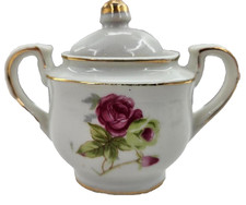 Japan Miniature Porcelain Childs Tea Set Burgundy Rose Gold Trim 13 Pc Sugar