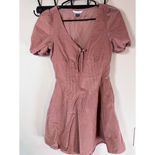 American Eagle Pink Corduroy Puff Sleeve Mini Dress Corset Smocked Back XS