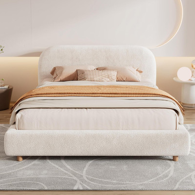 Beige Queen Size Upholstered Cloud Bedframe with Curved Design, Easy Assembly