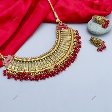 Created Red Color Beads Gold Plated Jewellery Set For Women