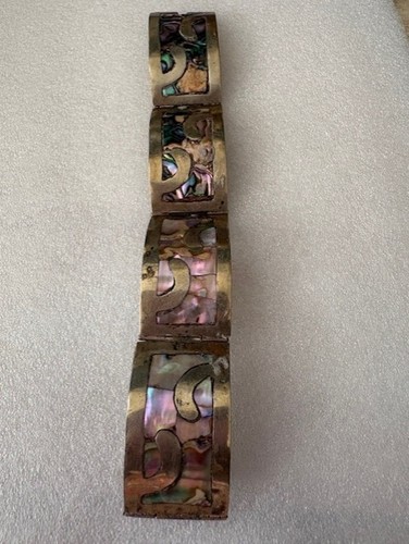 Vintage Mexican Taxco Sterling Silver Wide Hinged Panel Bracelet with Abalone Sh