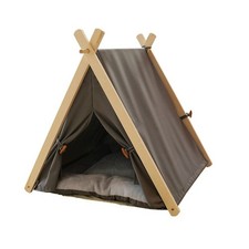 Solid Wood Pet Tent House w/ Thick Mat - Portable Dog  Cat Teepee Bed Cave