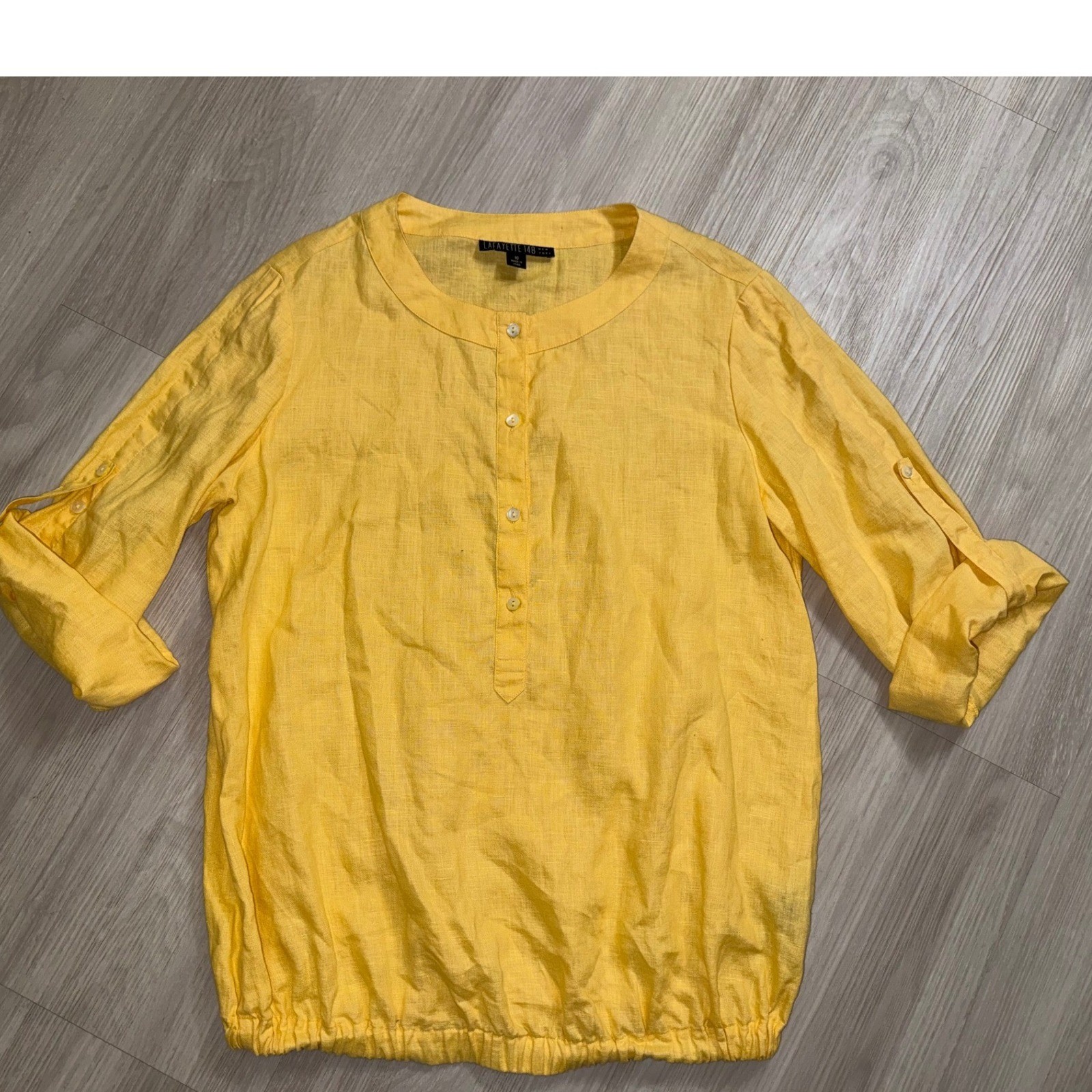 Lafayette 148 New York Yellow Linen Button Tab Blouson Blouse Top Size 10