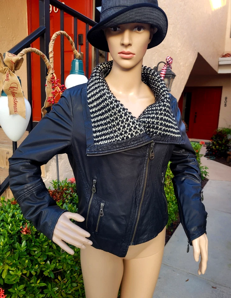 Doma Women Leather Cable Knit Collar Asymmetric Zip Up Black Jacket Size M - Image 2 of 4