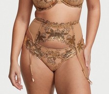 Victoria  s Secret Gold Sequined Ziggy Glam Floral Embroidery Garter Belt XS/S