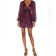 MINKPINK Metallic Ruched Mini Dress Size Small Purple Long Sleeve Party Dress
