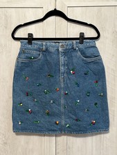 Vintage Reworked Hand-Beaded Embroidered Y2K Style Denim Jean Skirt US Size M