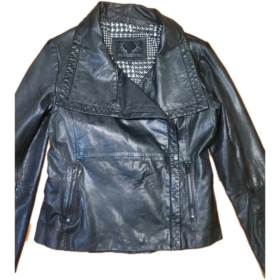 Bod And Christensen Leather Jacket Asymmetric Zip Drape Collar M / Large - Image 2 of 4