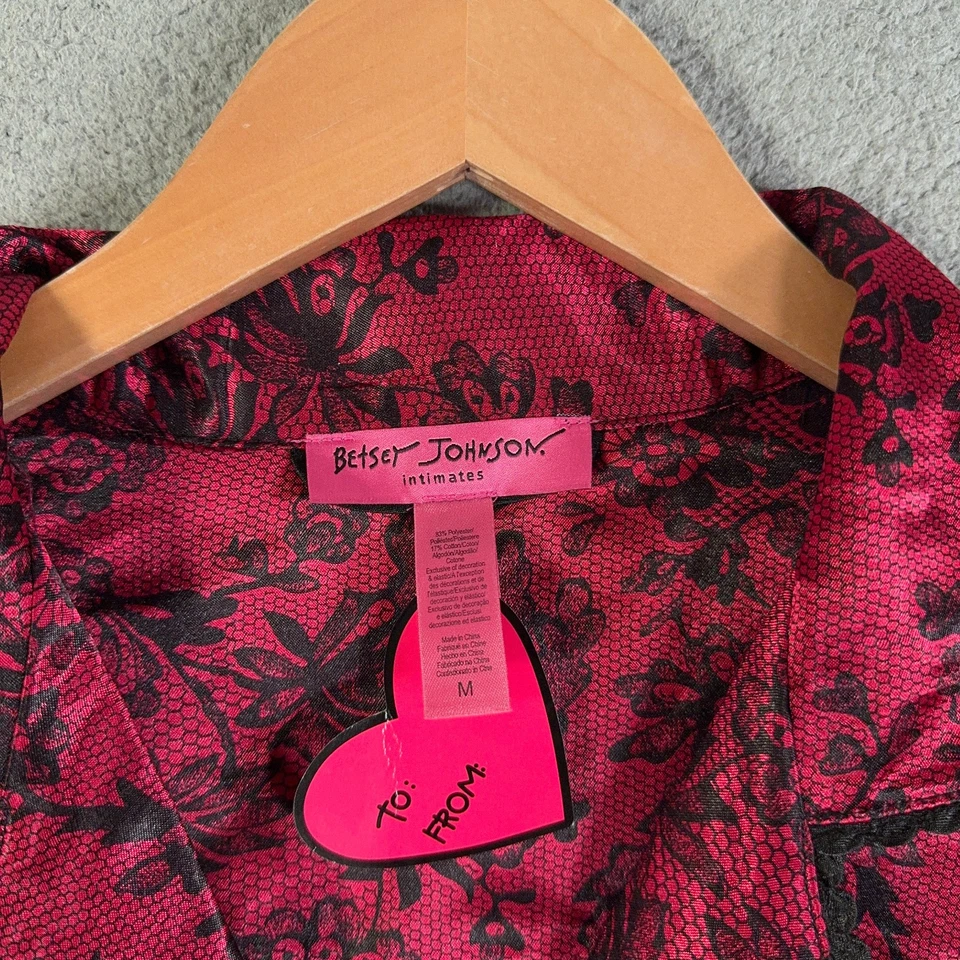 NWT Betsey Johnson Satin Pajama Set Medium Pink Black Heart Ruffle Y2K 2000s - Image 4 of 4