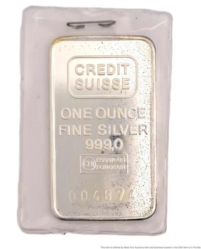 Fine Silver Bar One Ounce .999 Credit Suisse w/ Paper Certified Assayer 004874