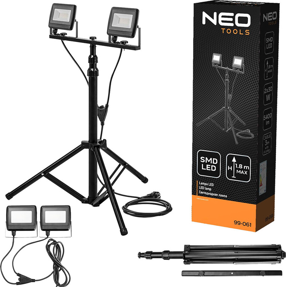 Faro Led da Cantiere 2x30W NEO Tools 5400LM su Cavalletto 1,8m
