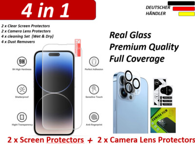 2x Camera + 2x Screen Protector IPhone 16 15 14 13 12 11 Pro Max Tempered Glas