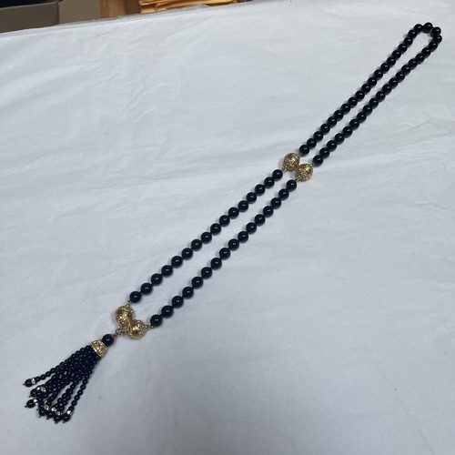 Necklace, Glass, Beaded, Black And Gold, Long, Vintage - Picture 9 of 11