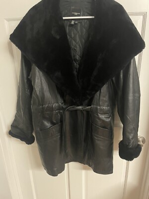 Ladies Colebrook Co Black Leather Coat Hood Faux Fur Trim Cinched Waist  Size L