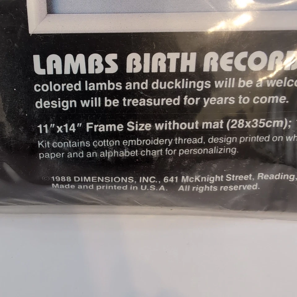 Kit Punto de Cruz Estampado Nuevas Dimensiones Corderos Registro de Nacimiento Gillum 1988 De Colección Foto 4 de 4