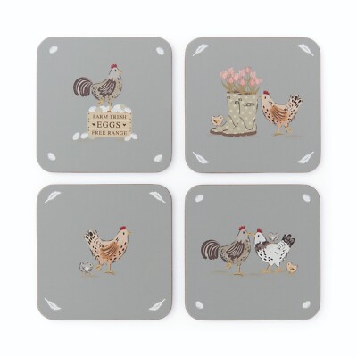 Cooksmart Hen House Lane Set mit vier Untersetzern Huhn Designs