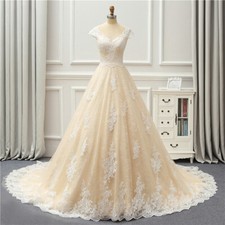 Vintage Champagne Wedding Dresses Cap Sleeves Lace Appliques Button Bridal Gowns