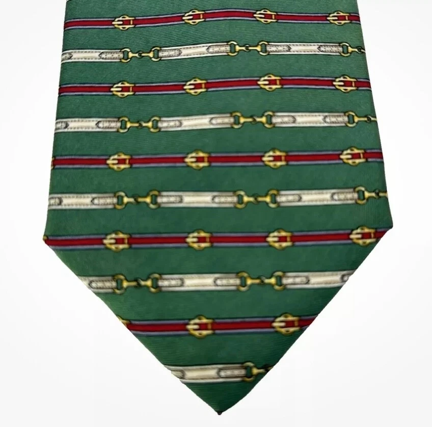 Gucci Paolo homme cravate 58 pouces vert rouge marron or soie boucles de ceinture larges