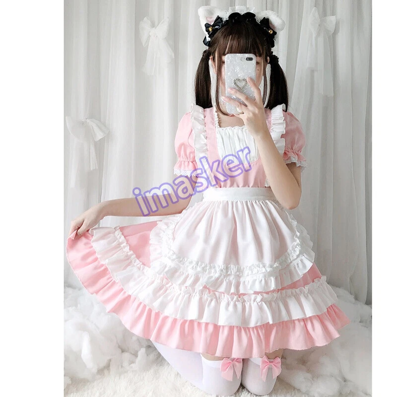 Women Sexy Vintage Sweet Girl Pink Lolita Dress Kawaii Cute Maid Uniform Outfit - Image 3 of 4