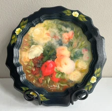 OOAK VTG round Tray Floral Toleware Cottage Core Scalloped Edge Impressionism