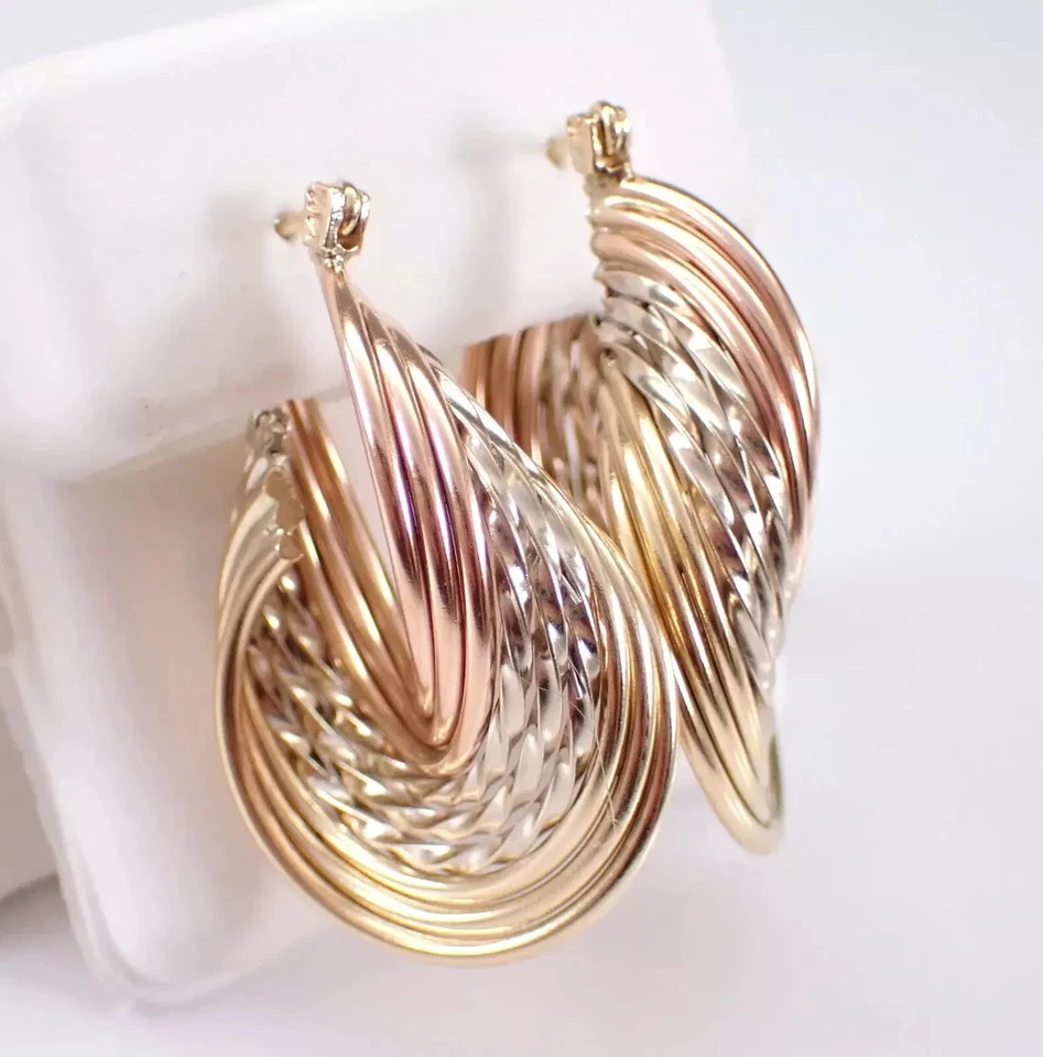Vintage Estate Hoops For Her Twisted Hoop Earrings 14K Tri Color Gold Plated - Image 2 of 4