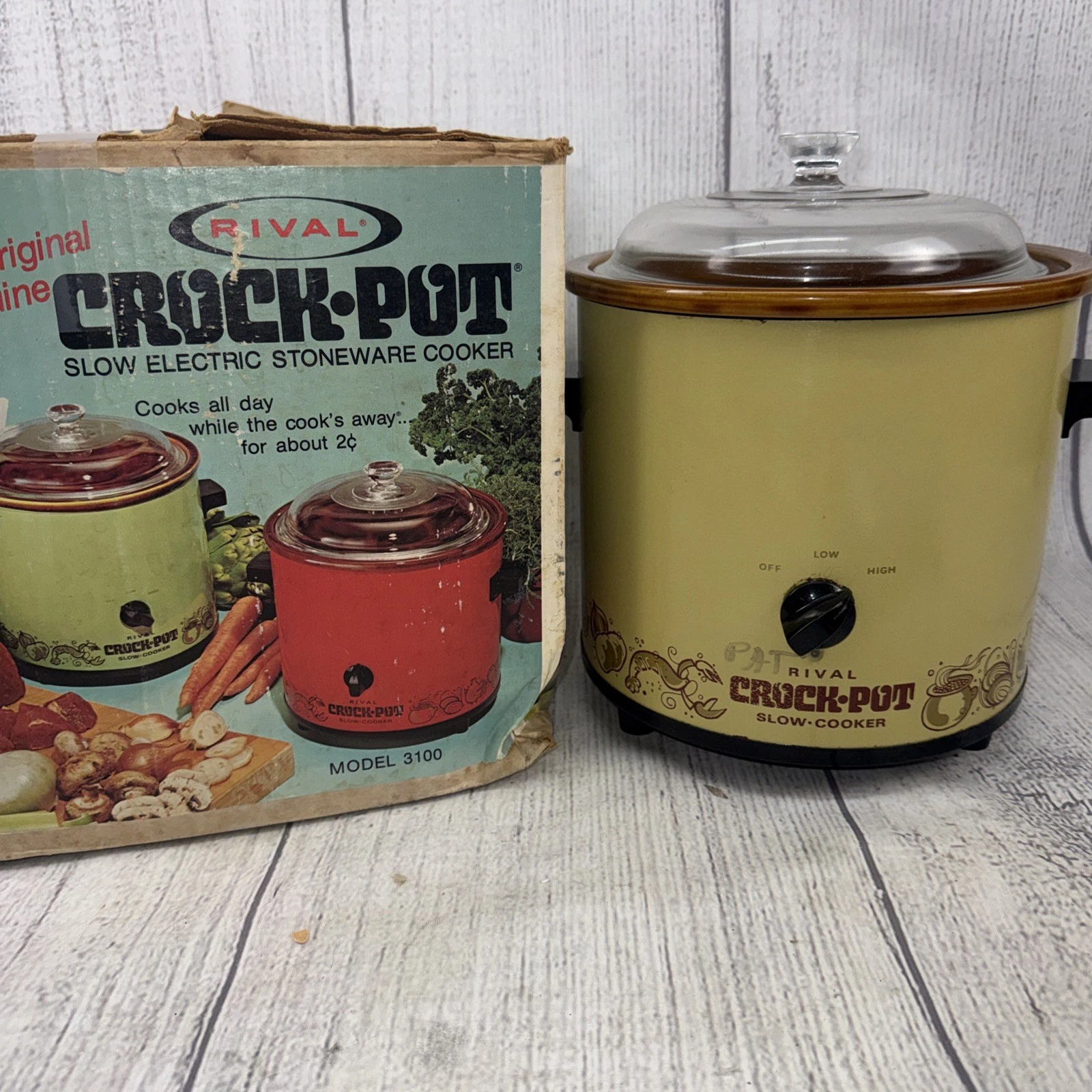 VTG Avocado Green Retro Vegetable Pattern RIVAL 3100 3.5 Qt Crock Pot- TESTED