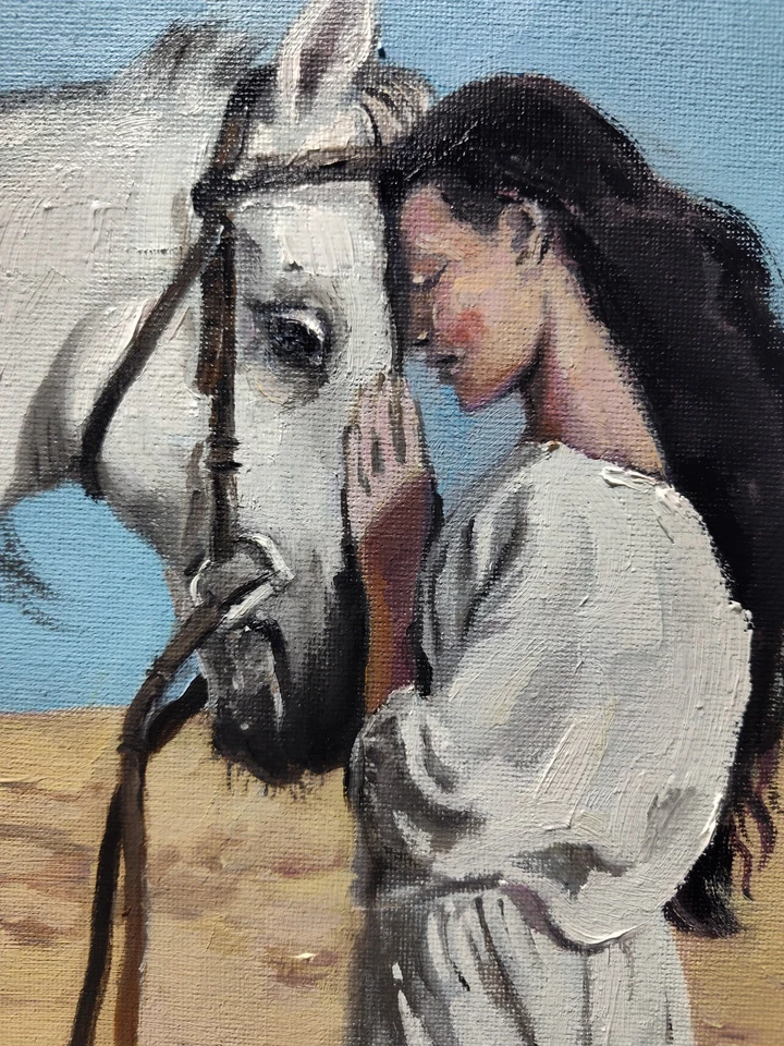 Pintura al óleo original 8"10" arte contemporáneo, realismo, figurativo, mujer, caballo Foto 4 de 4