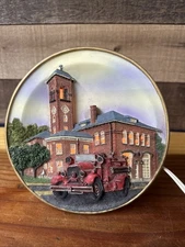 Vintage Lighted Plate Fire Station And Truck 7”