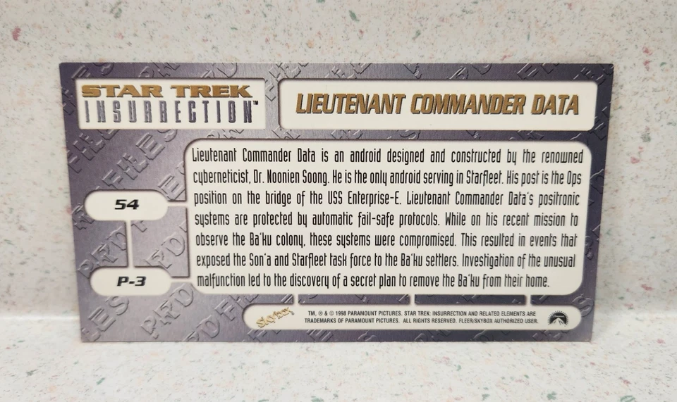 Star Trek Insurrection Profiles #54 Teniente Data FIRMADO Brent Spiner 1998 Foto 2 de 2
