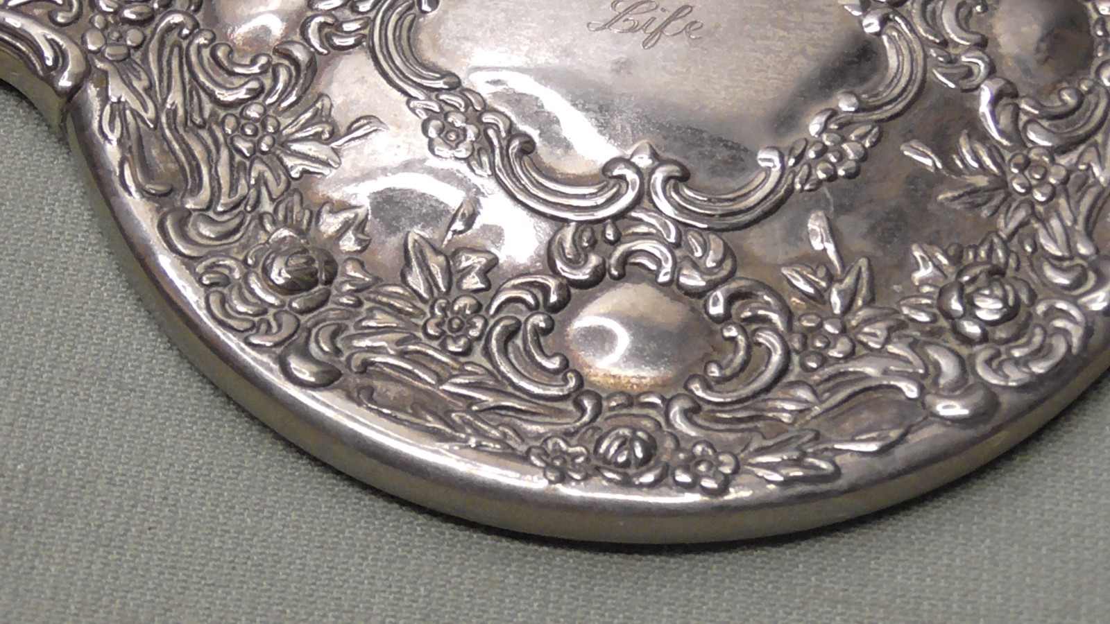 Vintage Hand Held Mirror Round Vanity Silver Plate Heavy Floral Scroll Ornate 9"
