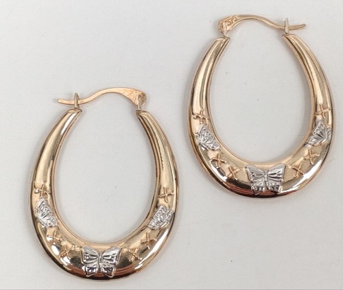 9ct 375 Yellow Gold Earrings Oval Creole Style Hoops White Gold Butterfly Motif